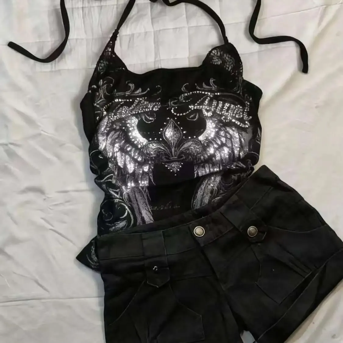 American Vintage Y2K Halter Crop Top Women Sleeveless Vest Punk Printed Casual Subculture Summer Slim Street Tank Tops