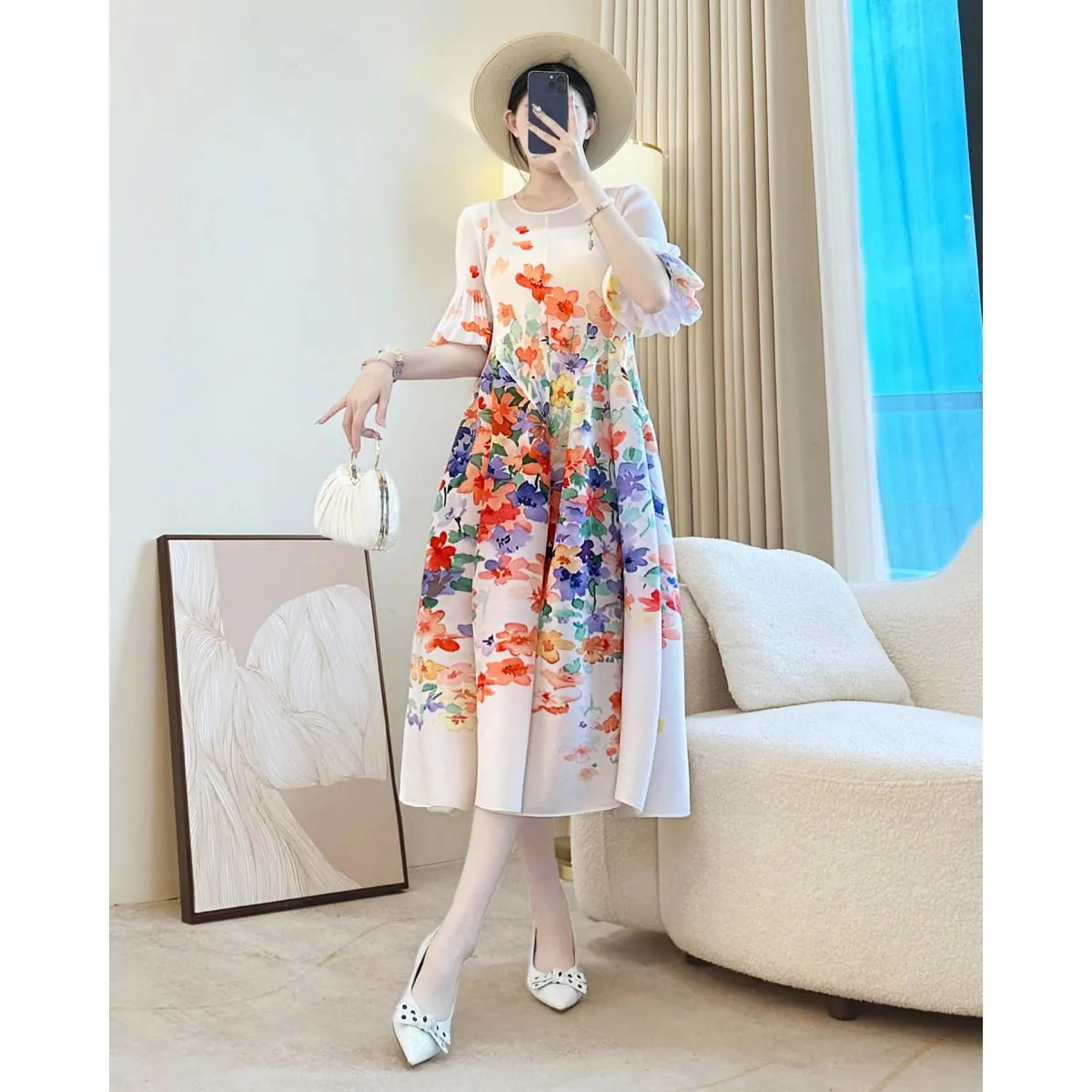 Miyake Elegante Pflanze Blumen Druck Plissee frauen Kleid Chic Neue Runde Kragen Laterne Hülse Elastische Lose Casual Kleider
