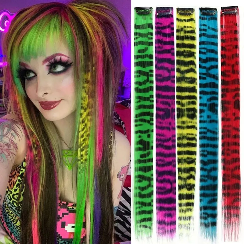 Long Straight Colorful Striped Feather Hairpieces Synthetic Y2K Green Orange Clip in Leopard Print Hair Piece Cosplay Party — image 3