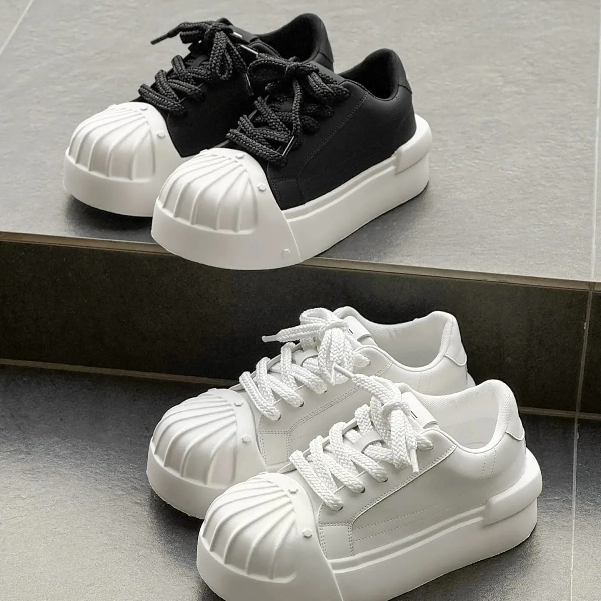 Nam Nữ Giày Thể Thao Thấp-Top Vỏ-Đầu Da PU Dày-Đế Tăng Chiều Cao Unisex Giải Trí Hợp Thời Trang Retro Giày Nam Chun huấn Luyện Viên
