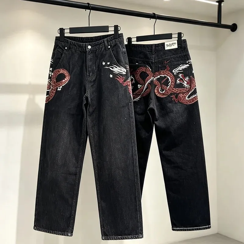 New DERSCHUTZE Unisex Jeans Loose Straight Leg Denim Pants Big Chinese Dragon Embroidery Retro Washed Black Street Trousers