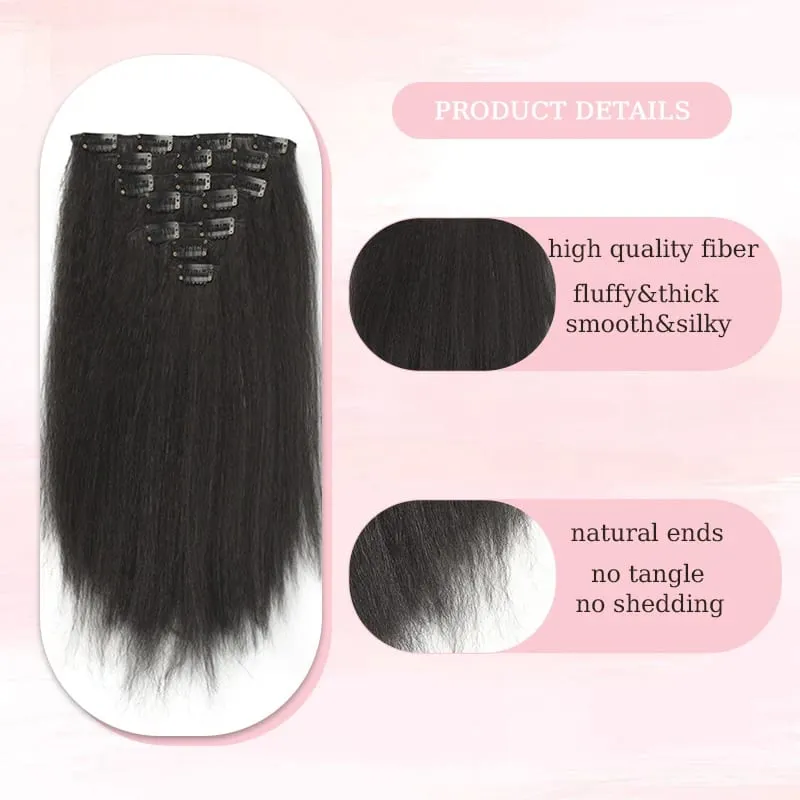 7Pcs Clip in Hair Extensions Wig Synthetic Black Yaki Straight Hair Extensions with BB Clip Fluffy Hairpiece for Women Daily Use