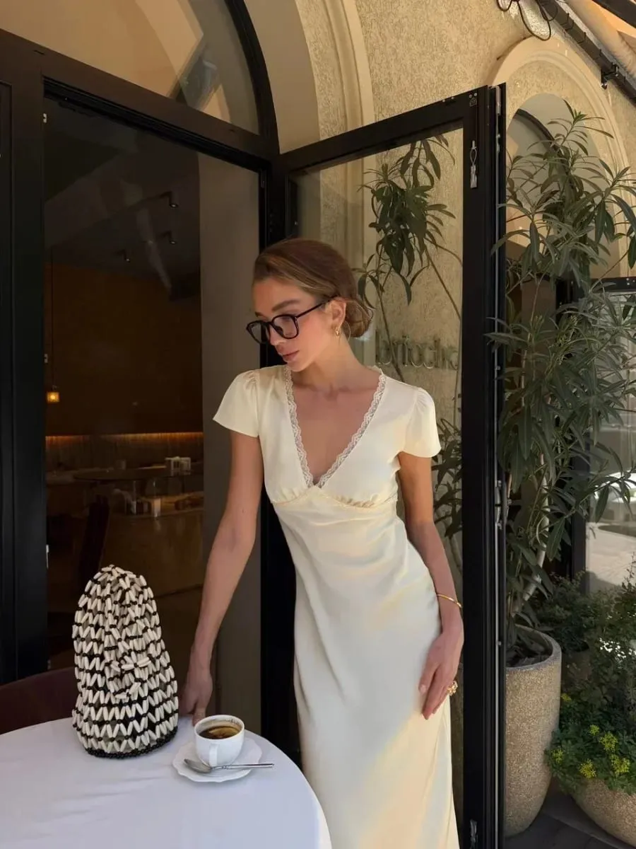 Women Elegant Satin Lace Trim Midi Dress Solid Lace Patchwork Short Sleeve V-neck Summer Dresses 2026 Summer New Holiday Robes