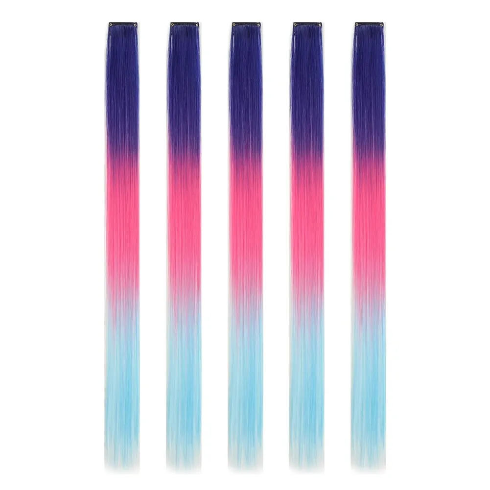 Extensions de cheveux synthétiques à clips, postiches colorées à reflets de fête pour filles, cheveux lisses multicolores de 18 pouces, 5 pièces/ensemble