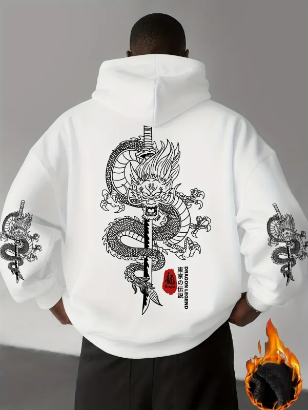 Trendy Street Fashion - Tokyo Shenlong Pattern Printed Men's Casual Sports Street Style Winter and Autumn Warm Hooded Sweatshirt
