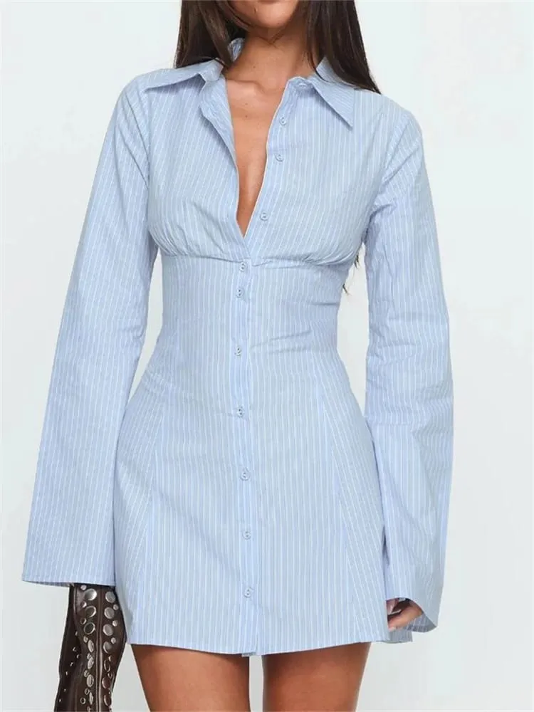 Summer Women's Y2K Shirt Dress Slimming Waist Maikling Skirt Mini Dress High Waistline Flirty Style Full Sleeve Regular Collar