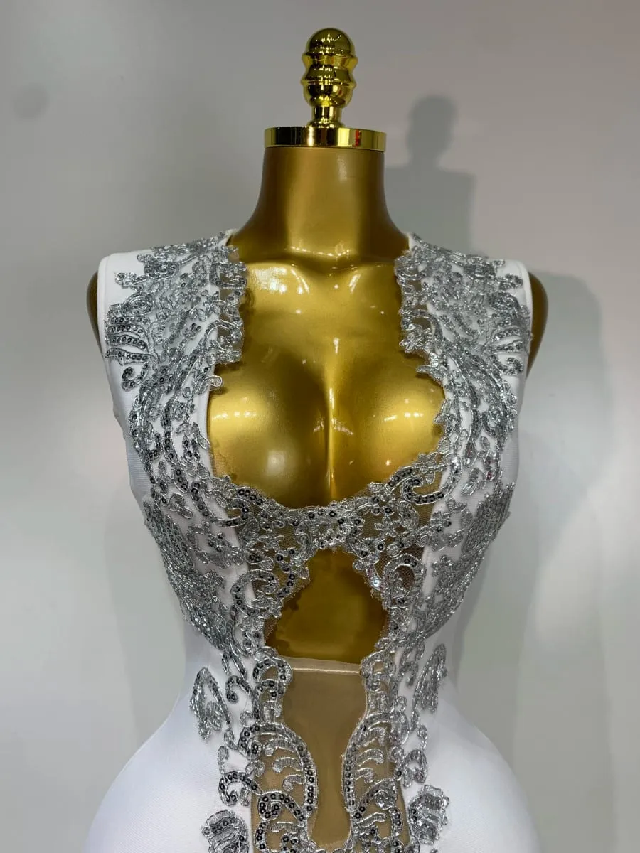 Frauen 2025 Sexy V-ausschnitt Cut Out Kurze Verband Kleid Silber Pailletten Weiß Elegante Luxus Geburtstag Party Club Hochzeit Vestidos