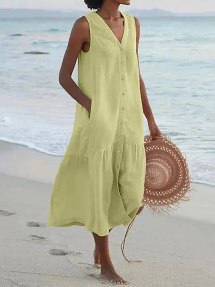 Sommer Lose Casual Patchwork Baumwolle Leinen Taschen Kleid V-ausschnitt Strand Stil Kleid Ärmelloses Vintage Club Midi Solide Frauen kleid