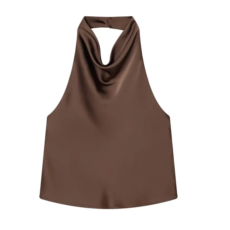 Women's Tanks Halter Top Women Sleeveless Green Crop Tops Summer Satin Party Evening Top Backless Sexy White Black Top