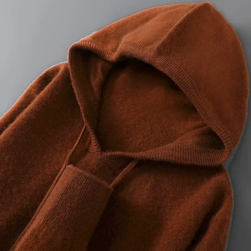 DjzDsm Autumn Winter Men's Sweater 100% Merino Wool Thick Hooded Pullover Soft Knitwear Casual Comfort Wool Clothing Tops