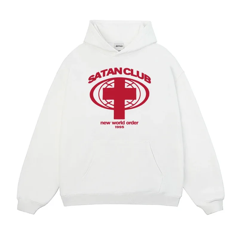 Harajuku Streetwear Oversized Ανδρικό πουλόβερ με κουκούλα Satan Club Φούτερ με κουκούλα γραφικών τύπων Φούτερ Hip Hop Αισθητικά μπλουζάκια Goth Y2k