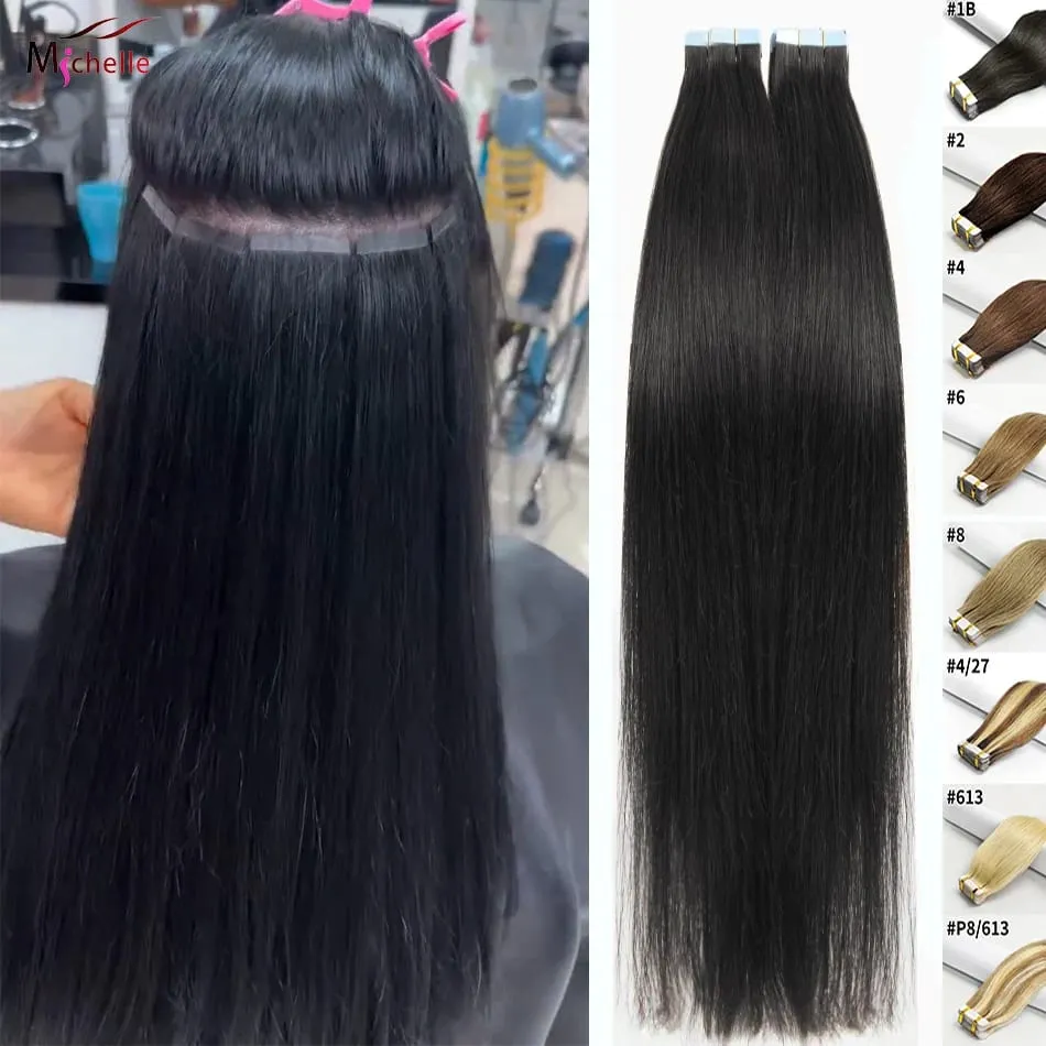 Tape in Hair Extensions Straight Human Hair Remy Tape in Human Hair Extension Natural Color Seamless Silky Straight Skin Tape In