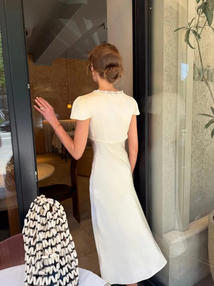 Chic Satin Lace Trim Midi Dress For Women Solid Patchwork Short Sleeve V-neck Summer Dresses 2026 Elegant Summer Holiday Gown