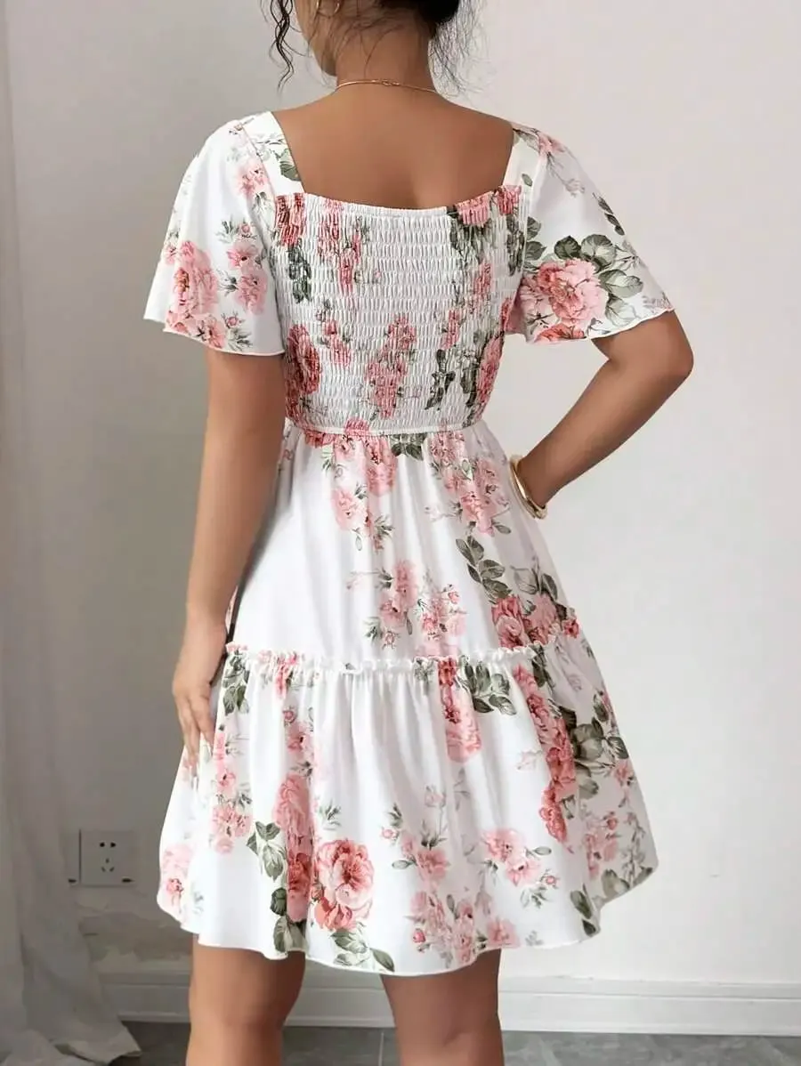 Women Floral Print Sashes Ruffle Hem Short Sleeve Casual Dress Vacation Style Women's Evening Dresses