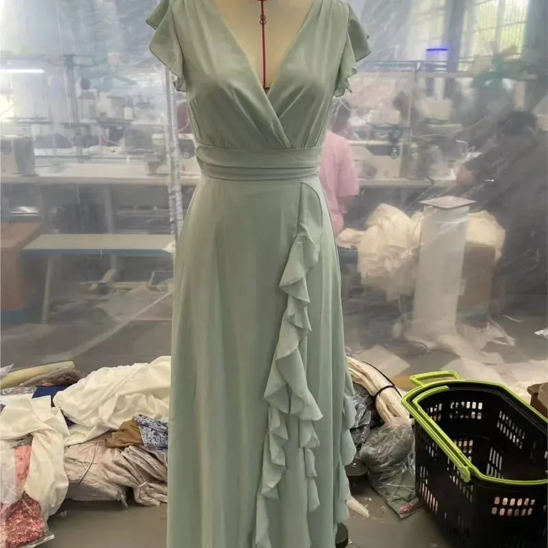 Damen Elegant Einfarbig Rüschen Ärmellos Sexy V-Ausschnitt Langes Kleid Modische Bohemian Damen Party Abend Maxikleider