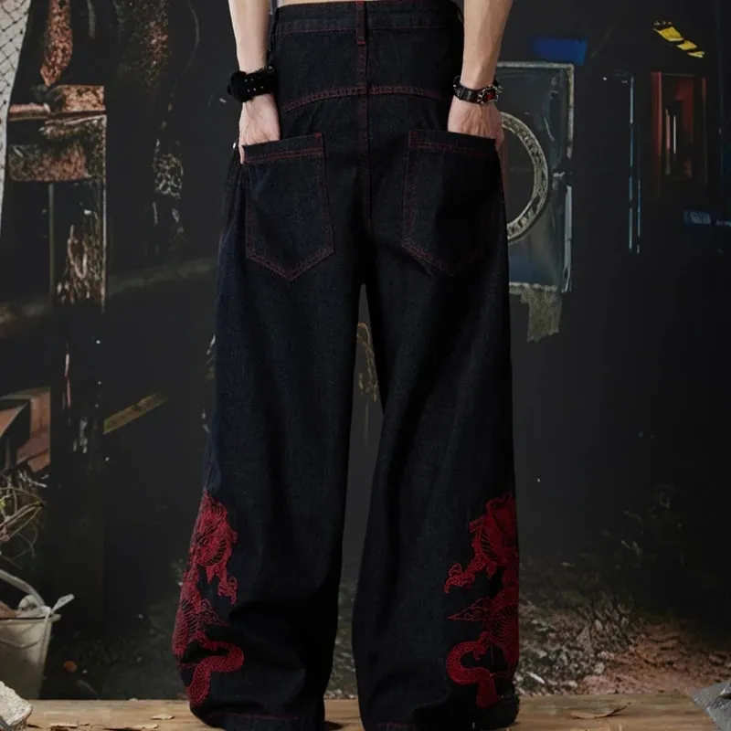2026 New Side Red Dragon Embroidery Baggy Jeans For Men Y2K Streetwear Punk Fashion Denim Pantalones American Retro Hip Hop Jean