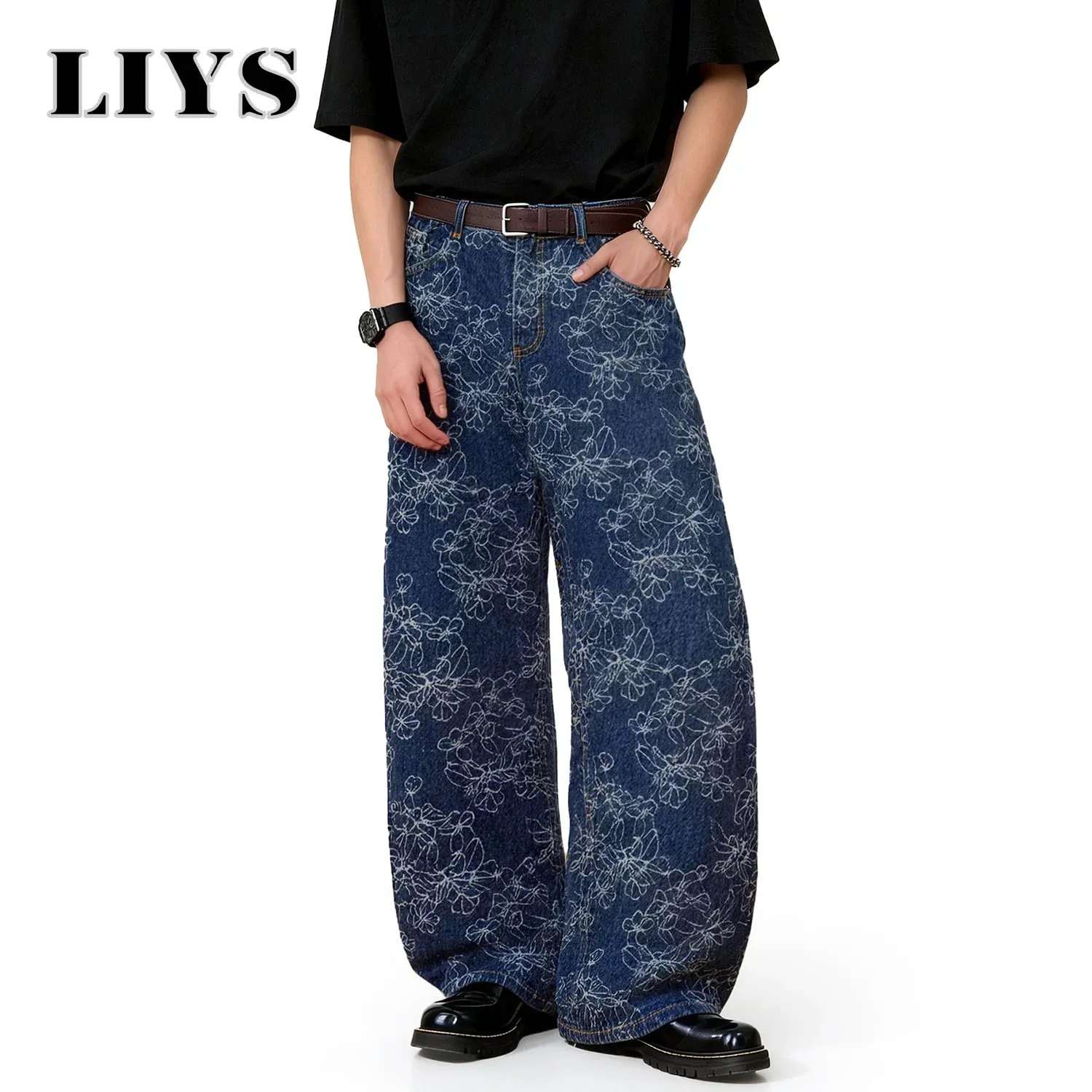 Japanese-Korean Style Floral Jacquard Baggy Wide-leg Jeans American Retro Floral Daily Casual Wide-leg Denim Pants Unisex