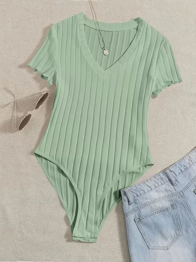 Lettuce Trim Ribbed Bodysuit Women's Sleeveless High Waist Bottom Control Shapewear for Slimming Effect