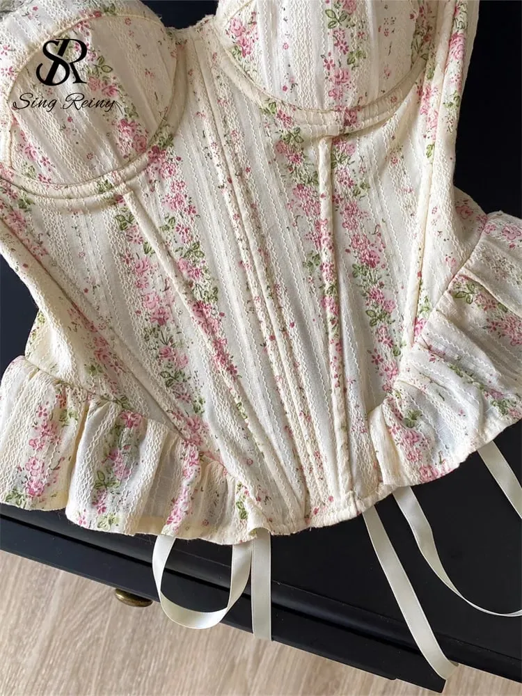 Elegant Lace Floral Bustier Women French Lace Up Splice Casual Daily Bodycon Tank Top Summer Print Vacation Corset Top