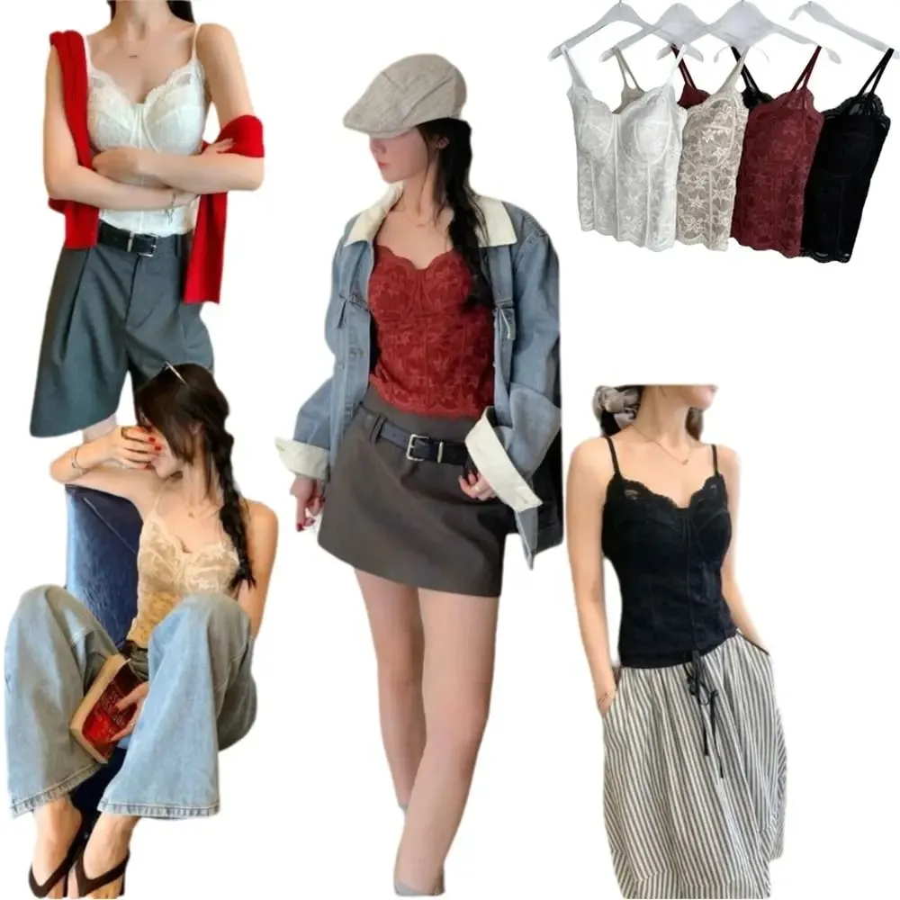 Elegant Fleece-lined Women Winter Camisole Retro Lace Floral Sleeveless Tank Tops with Chest Pad Slim Camis Crop Tops Women Girl