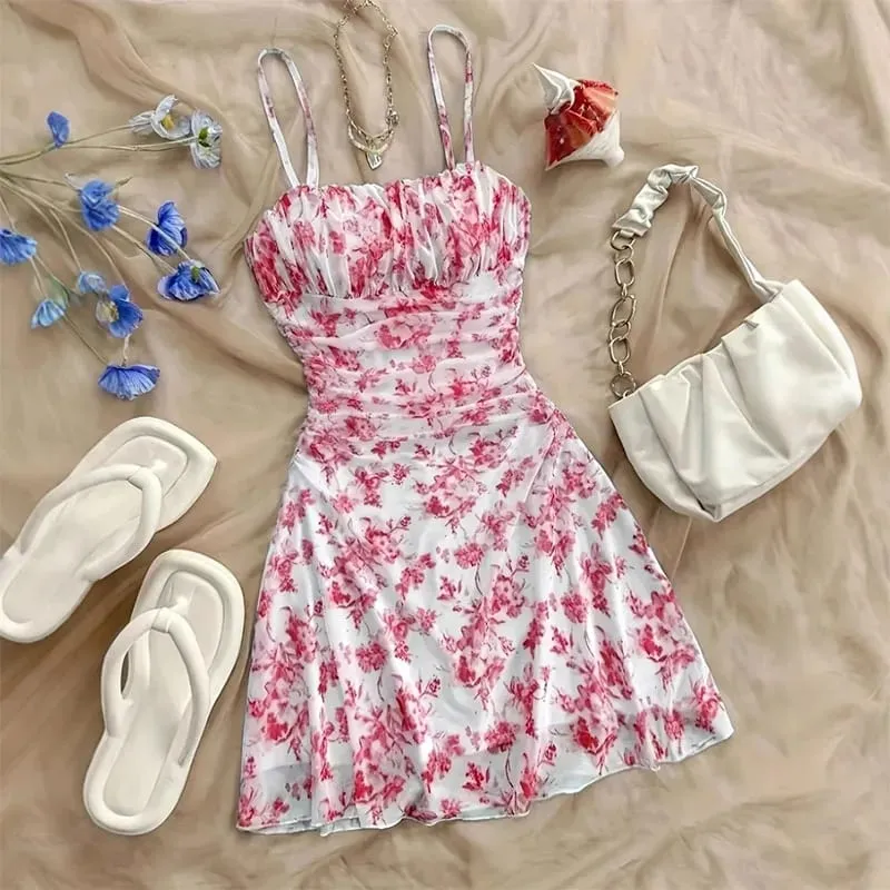 Verão feminino elegante floral mini vestido moda dobra cintura alta magro a linha vestidos senhora sexy sem costas cinta de espaguete vestido de verão