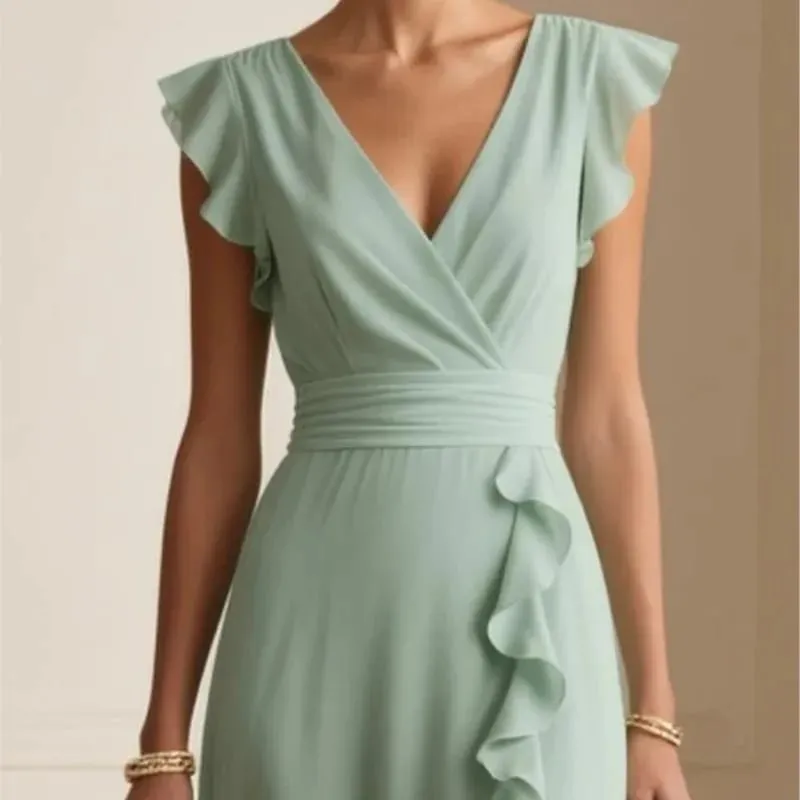 Damen Elegant Einfarbig Rüschen Ärmellos Sexy V-Ausschnitt Langes Kleid Modische Bohemian Damen Party Abend Maxikleider