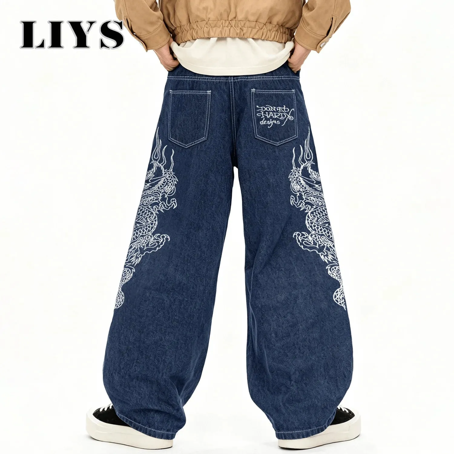 Korean Street Blue Baggy Wide Leg Men's Jeans Personalized White Dragon Pattern Embroidery Denim Pants Gothic Male Jeans Unisex