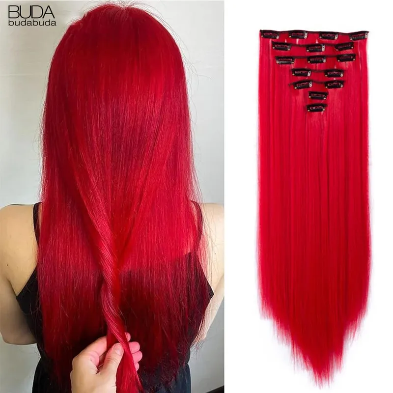 16 clipes longos e retos sintéticos, extensões de cabelo, fibra natural de alta temperatura, loiro, preto, marrom, budabuda