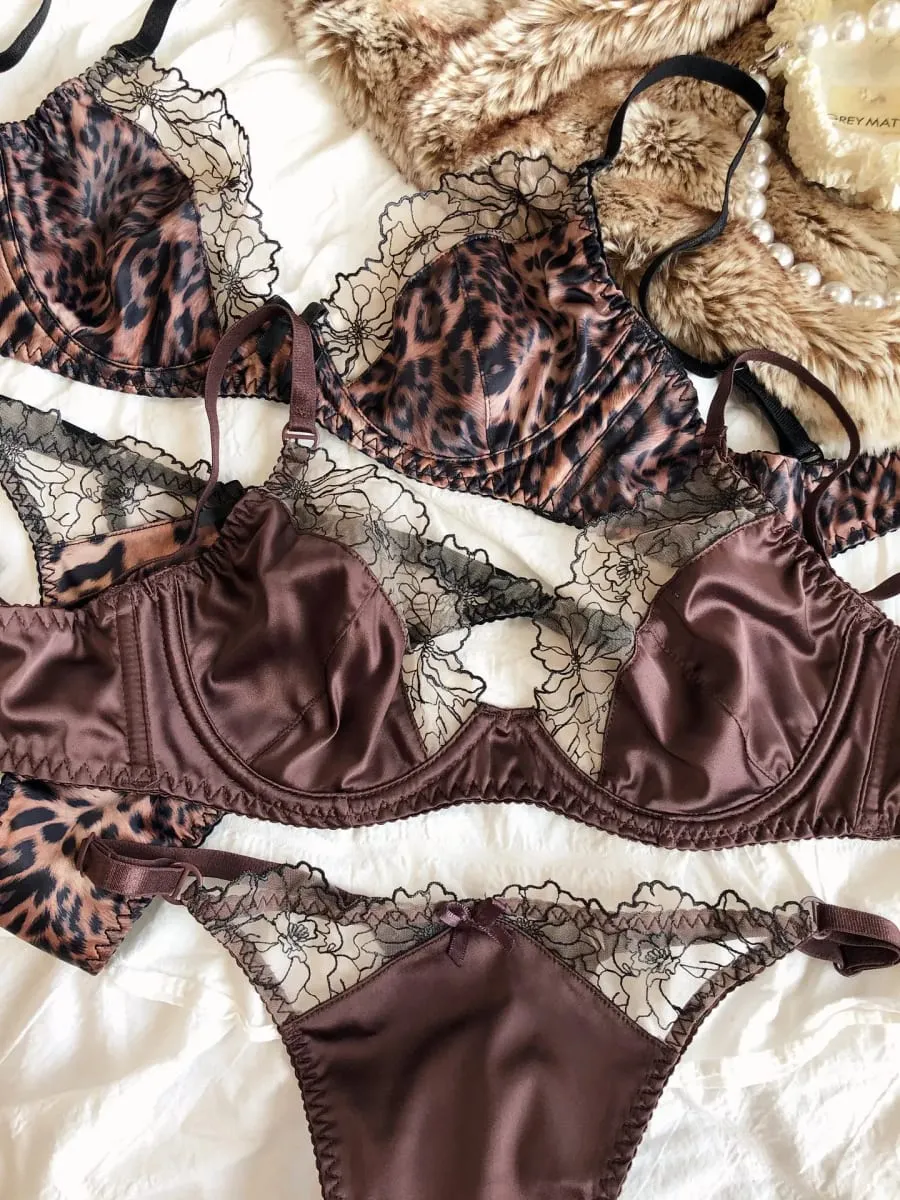 2 Keping Set Pakaian Dalam Wanita Berkualiti Tinggi Seksi Ultra Nipis Satin Lace Splicing Bra Set Seluar Dalam dan Thong Cetakan Harimau Perancis
