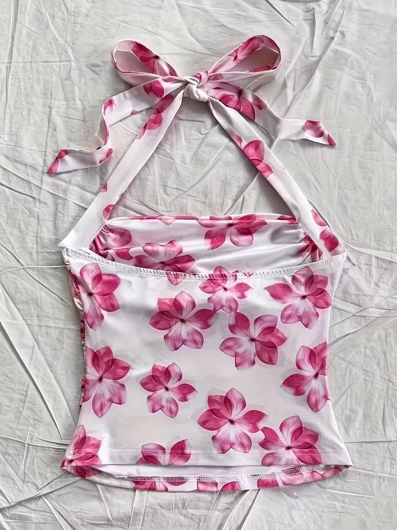 Women's Summer Short Top Pink Floral Camisole Vest Suitable for Vacation Style Girls
