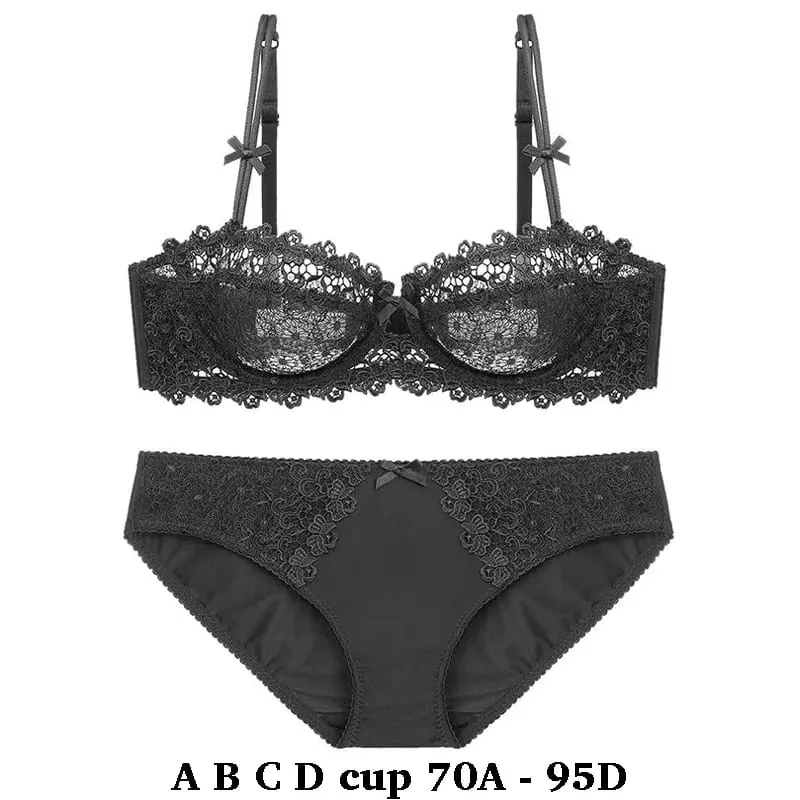 Sutiãs femininos de renda sexy de alta qualidade e breve conjunto de duas peças push up A B C D meio copo fio lingerie de verão preto azul vermelho