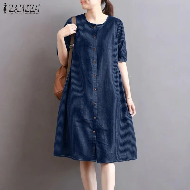 2026 Summer Striped Dress ZANZEA Women Elegant Work Dresses Short Sleeve Buttons Down Sundress Casual Holiday Knee Length Robe