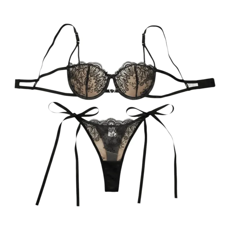 Elegant Floral Embroidery Lace Lingerie Set Lace-up Hollowed-out Thong Bra Suit Mesh Transparent Ultra-thin Underwear Sets Lady