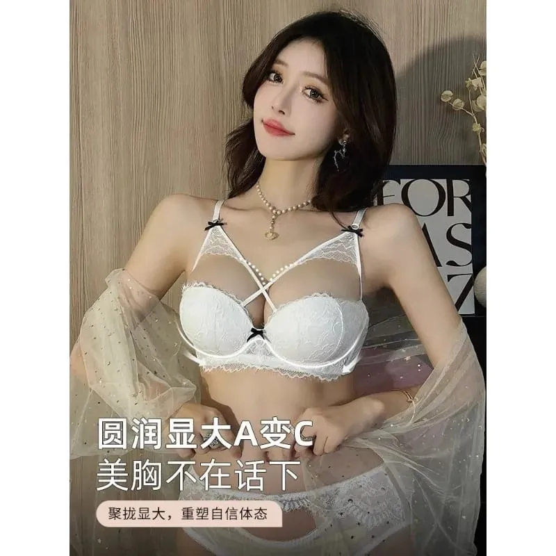 Japanese Anime Lingerie Set No Underwire - Summer Bralette Small Breasts Sexy Push Up Lace Bra Comfort Wireless Gather MOYISU
