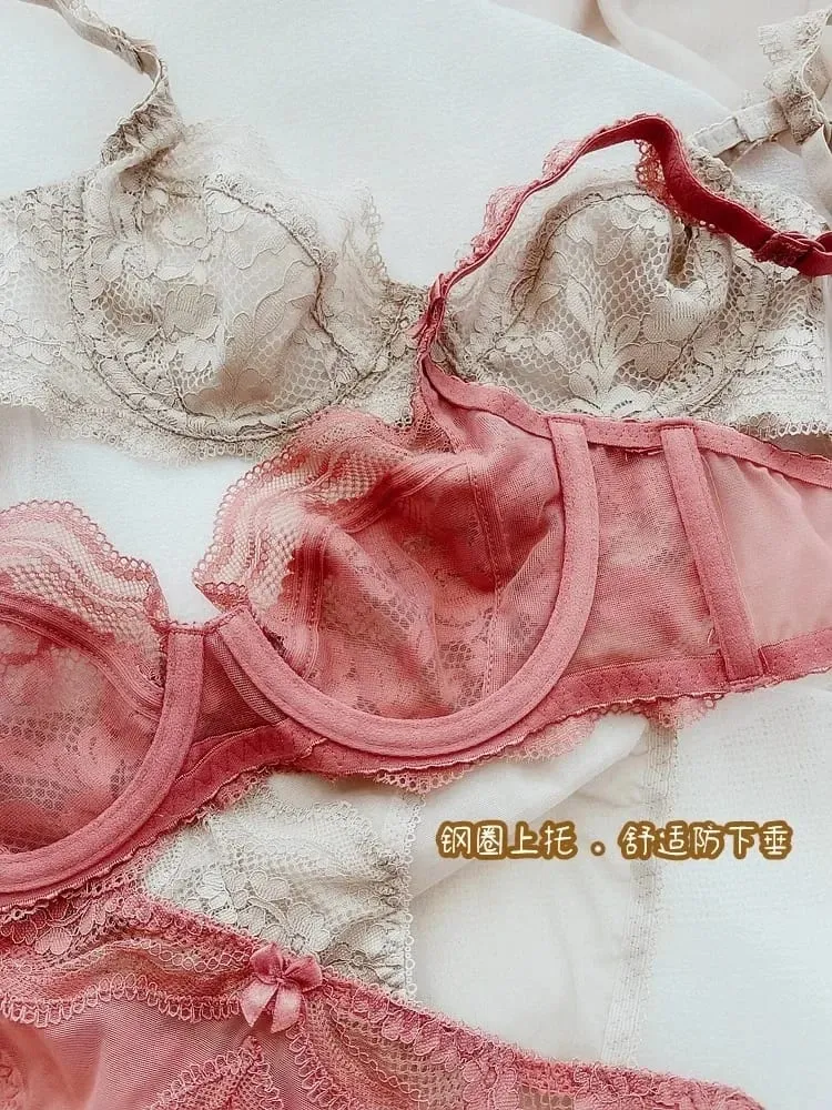 Ultra-Thin Lace Bra & Panty Set Push-Up with Light Padding Sheer Lingerie in Large Sizes