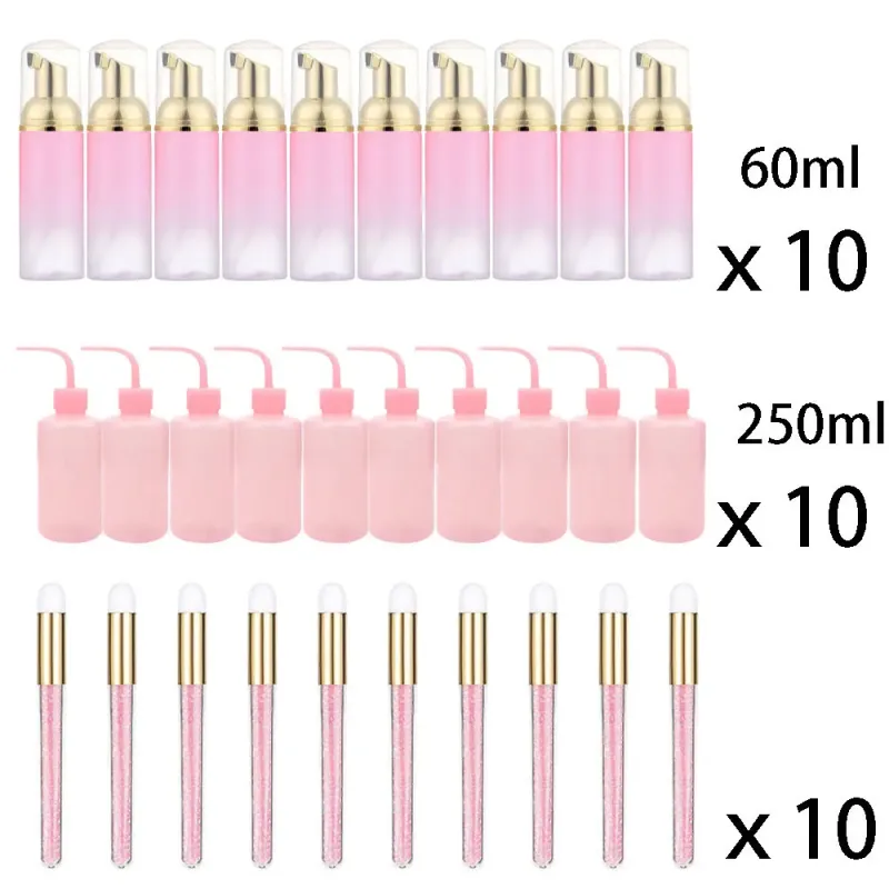 60ml Refillable Leakproof Empty Foam Mousse Pump Bottles Lash Extension Cleansing Kit Soft Brush 250ml Rinse Bottle Beauty Tools