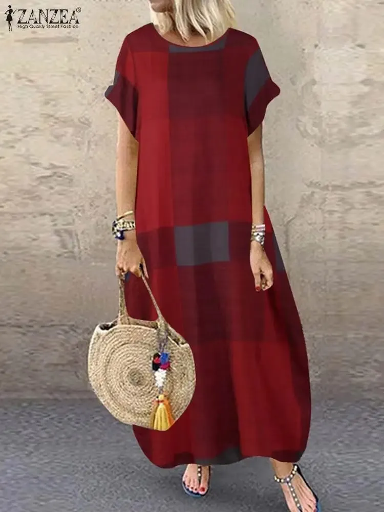 Bohemian Plaid Überprüft Sommerkleid Sommer Kurzarm Langes Kleid Mode Urlaub Partei Vestido Femme Casual Lose Robe 2025