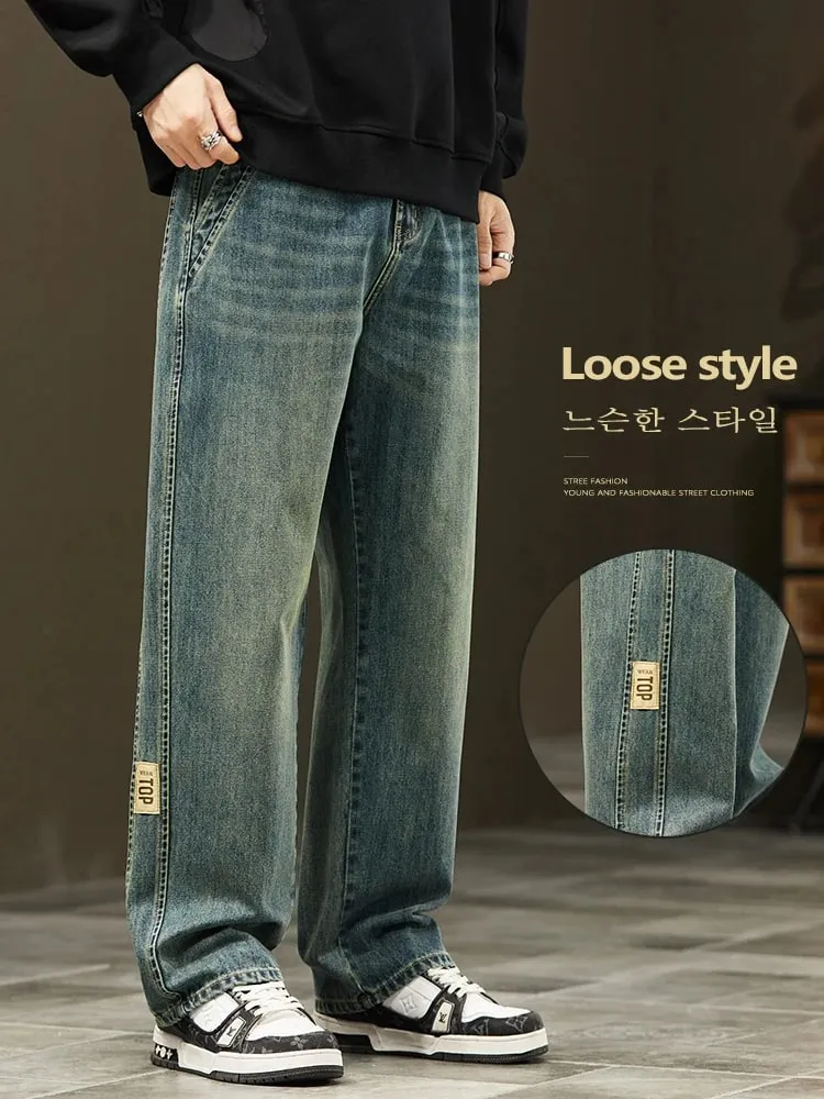 Korean Loose Wide Legs Jeans Men's Vintage Wash Denim Pants Fashion Streetwear Casual Baggy Straight Male Trousers