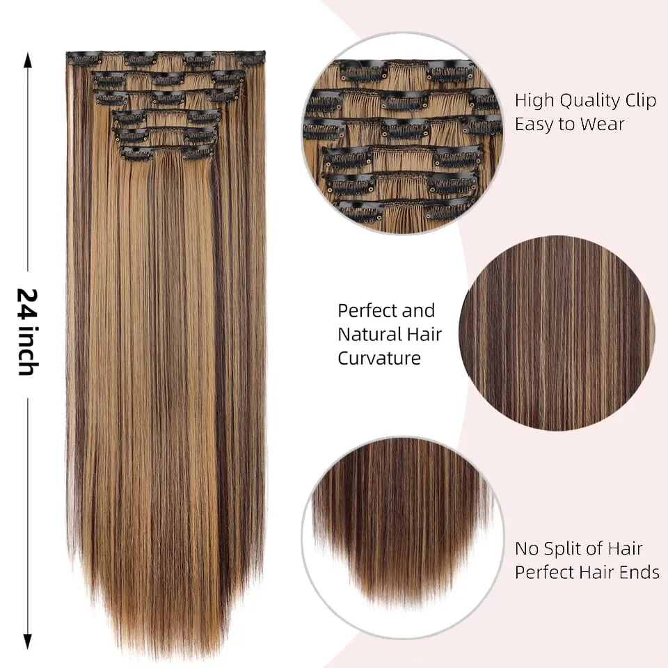 24Inch Clip in Hair Extensions Invisible Synthetic Extension 6PCS Long Straight Heat Resistant Clips on Hairpieces for Women