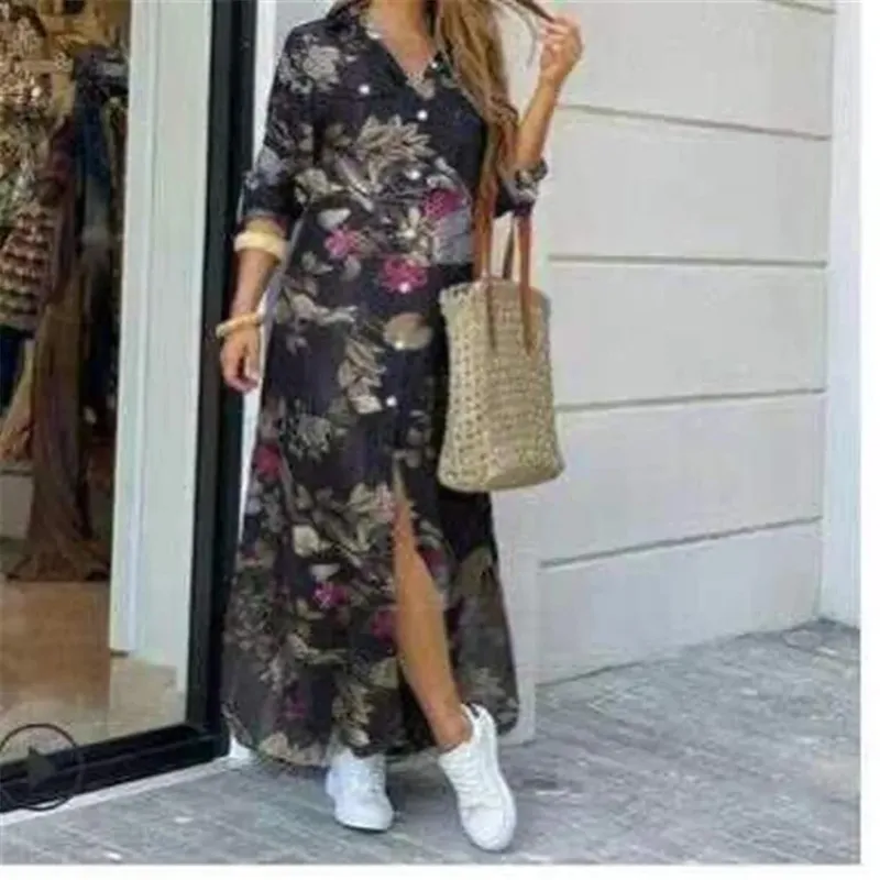 Women Dresses Fashion Sexy Single-breasted Dress Loose Lapel Casual Women's Clothing Literary Printing Long Shirt Skirt