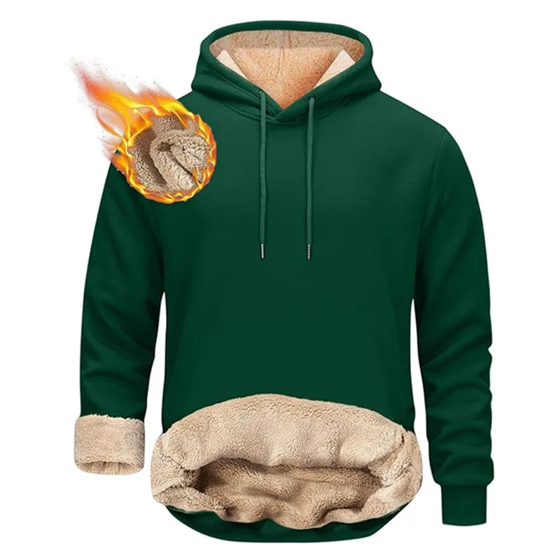 Winter Men's Warm Hoodies Sports Thick Sweatshirts Windproof Thermal Casual Solid Color Loose Long Sleeve Pullover Streetwear
