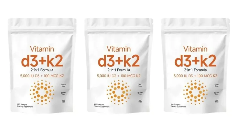 2-in-1 Vitamin D3+K2 Capsules with 5 000 IU D3 and 100mcg K2 180 Count Diet Supplement Maintain Daily Health & Enhance Immunity