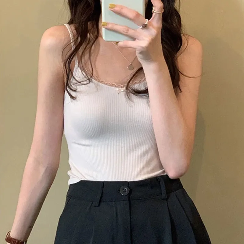 Original 100% Cotton Women's Short Knit Vest Printed Slim Fit Sexy Exposed Navel Lace Border Bow Sleeveless Lady Elastic Vests