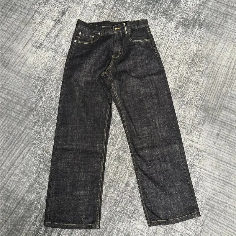 Spring Autumn New Men Vintage Selvedge Narrow Red Edge Raw Denim Jeans Straight Wide Leg A‑Line Loose Fit Casual Pants