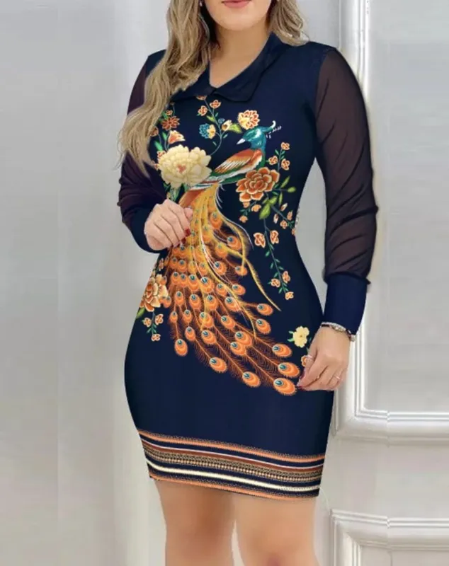 Long Sleeve Mesh Floral Print Bodycon Dress Elegant Slim Fit Mini Dress for Party Daily Wear — image 2