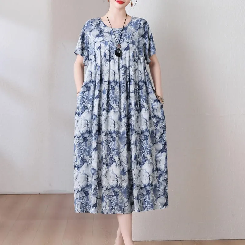 Yeni Moda Rahat 2026 Yaz Elbiseler Kadınlar Için Vintage Kısa Kollu O-Boyun Baskı Gevşek Çiçek Elbise Kadın Giysileri