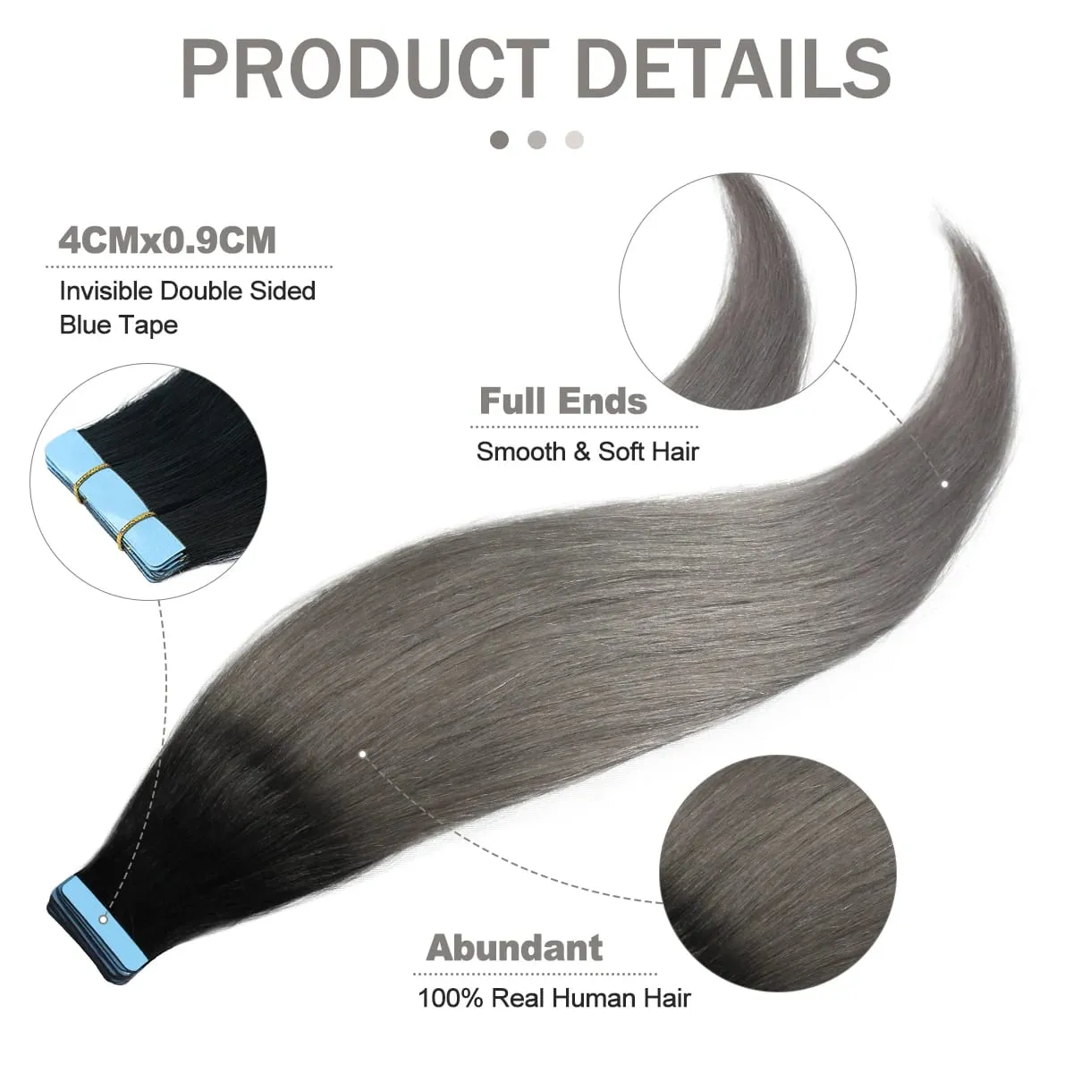 20 Inch Seamless Tape in Hair Extensions Human Hair Soft Invisible Black to Light Gray Color in Human Hair Extensions 30g/20pcs