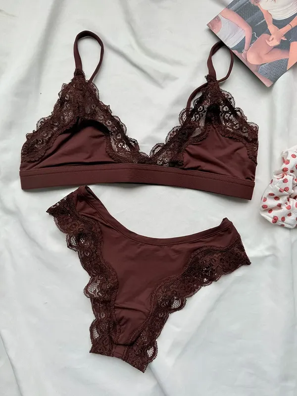 Pink Lace Bra Set Woman Adjusted-strap Seamless Bras+Low Waist Panties Female Casual Simple Solid High Elasticity Lingerie Sets