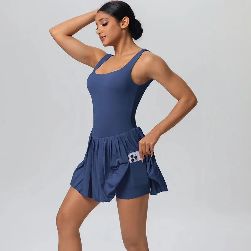 New Lifting Sports Jumpsuit Tennis Skirt With Pockets Yoga Womens Dresses Breathable Naked Feel Backless Female Sportswear