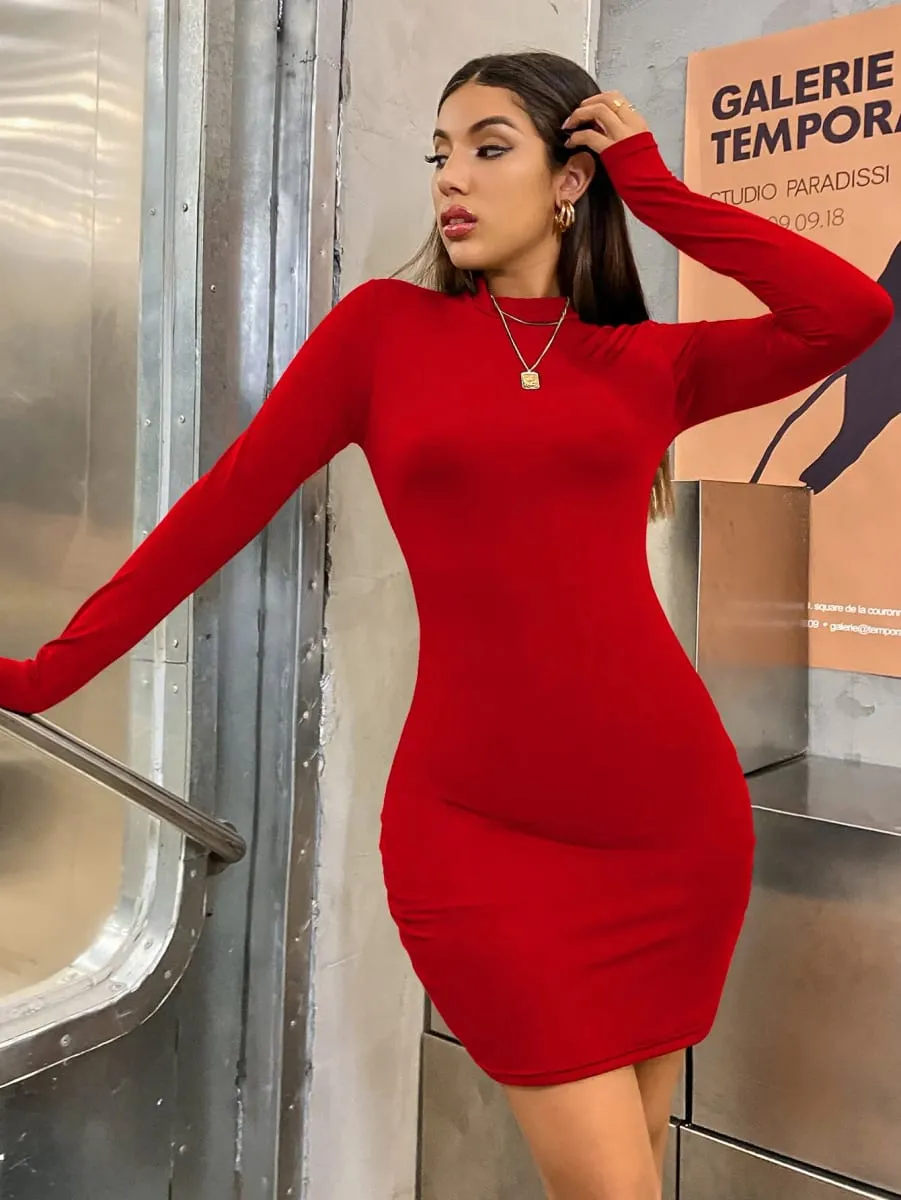 Dài Tay Ôm Bodycon Mini Nữ Cao Cổ Xếp Ly Đảng Vải Xếp Ngắn Câu Lạc Bộ Buổi Tối Bộ Trang Phục Màu Trơn